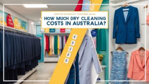 An informative graphic showing various garments in a dry cleaning shop, highlighting average costs and services related to dry cleaning in Australia.