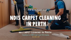 A professional cleaner performing NDIS carpet cleaning in a bright, accessible living room, showcasing a freshly cleaned carpet and adaptive cleaning tools.