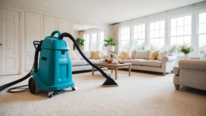 A bright and inviting living room with a freshly cleaned carpet and furniture, showcasing the effectiveness of carpet and steam cleaner hire. The image features a carpet cleaner machine, a soft, clean carpet, and natural light streaming in through large windows to convey a sense of cleanliness and comfort.