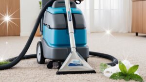 Modern carpet cleaning machine in action on a clean carpet in a cozy living room