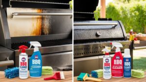 Close-up of a BBQ grill with one side greasy and grimy, and the other side sparkling clean, surrounded by various BBQ cleaning tools and products.