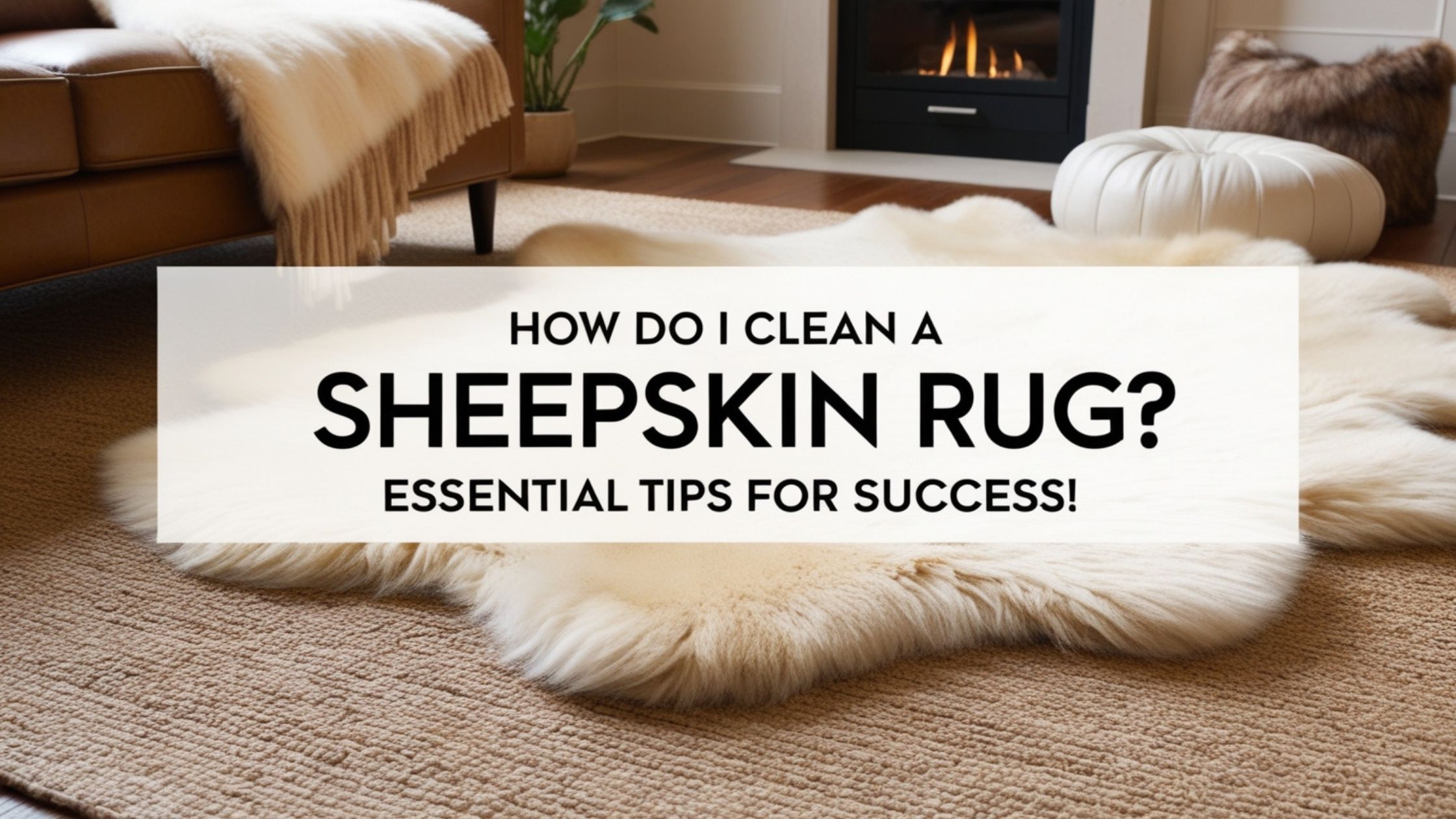 A cozy living room featuring a soft, fluffy sheepskin rug on a wooden floor, surrounded by warm decor elements.