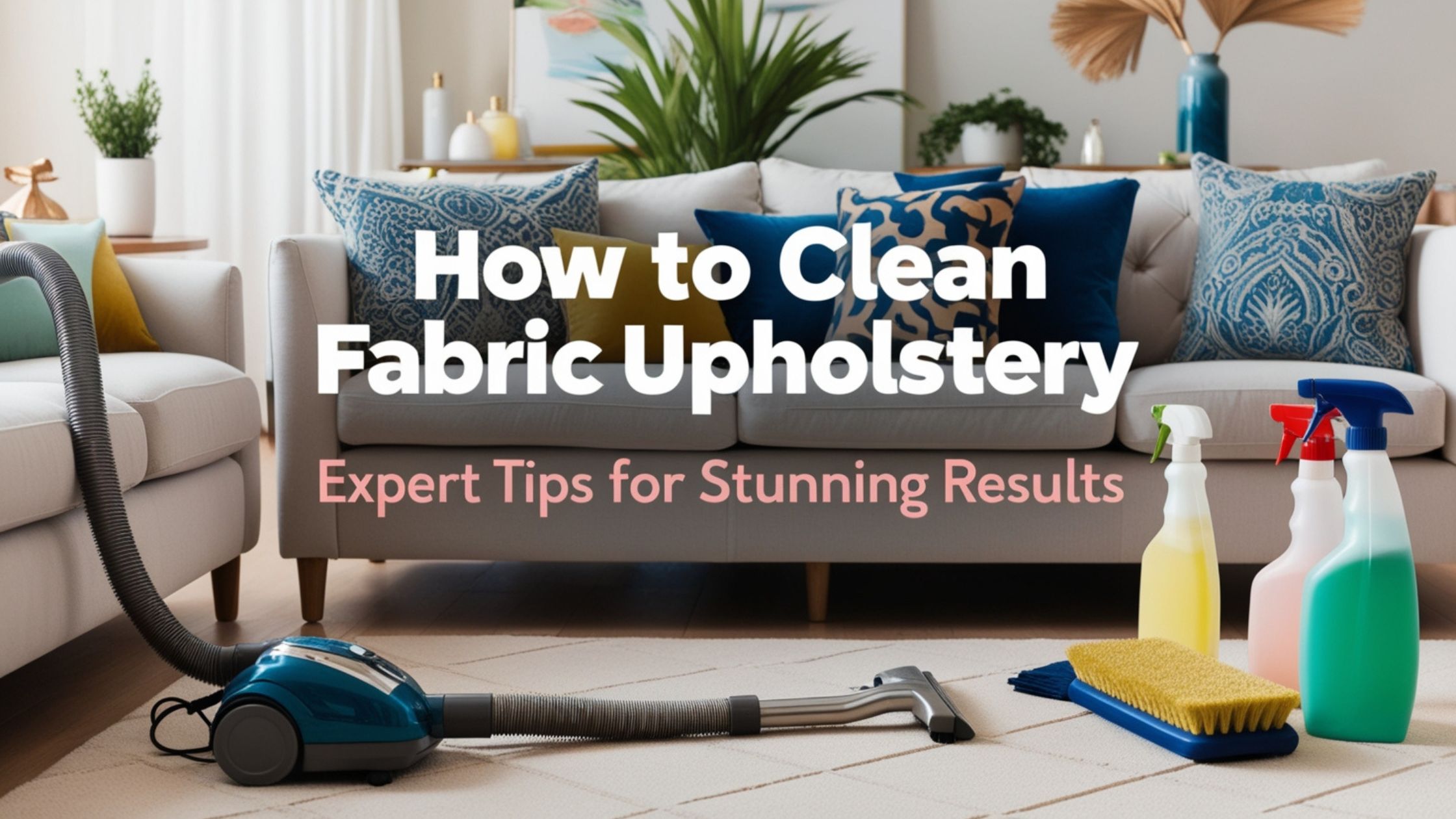 A clean and stylish living room featuring various upholstery fabrics, with cleaning tools like a vacuum cleaner and upholstery brush in the foreground.