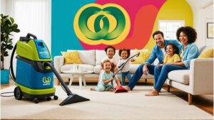 Family using a Woolies carpet cleaner in a bright living room, showcasing effective carpet cleaning.