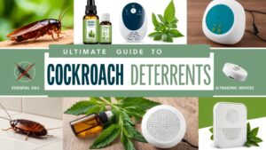 Collage of cockroach deterrents including natural oils, herbs, and electronic devices