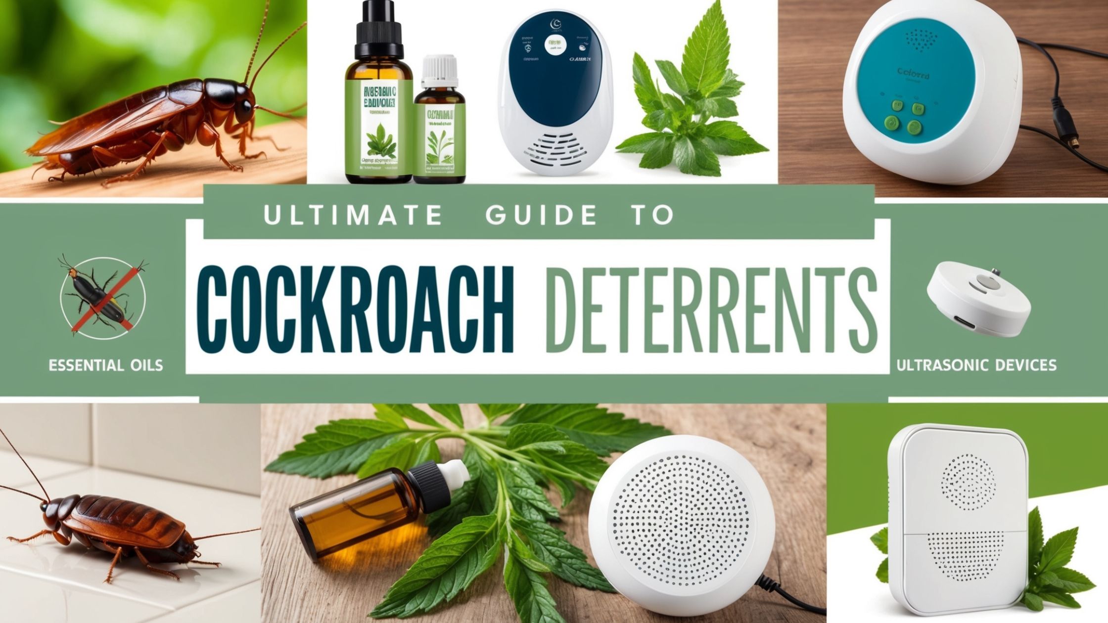 Collage of cockroach deterrents including natural oils, herbs, and electronic devices