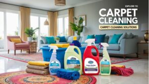 Clean living room with vibrant carpets and various carpet cleaning products displayed in the foreground