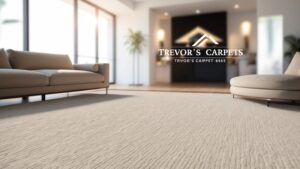 Modern living room with neutral-colored carpet and natural light pouring in through a large window, with a blurred Trevors Carpets storefront in the background