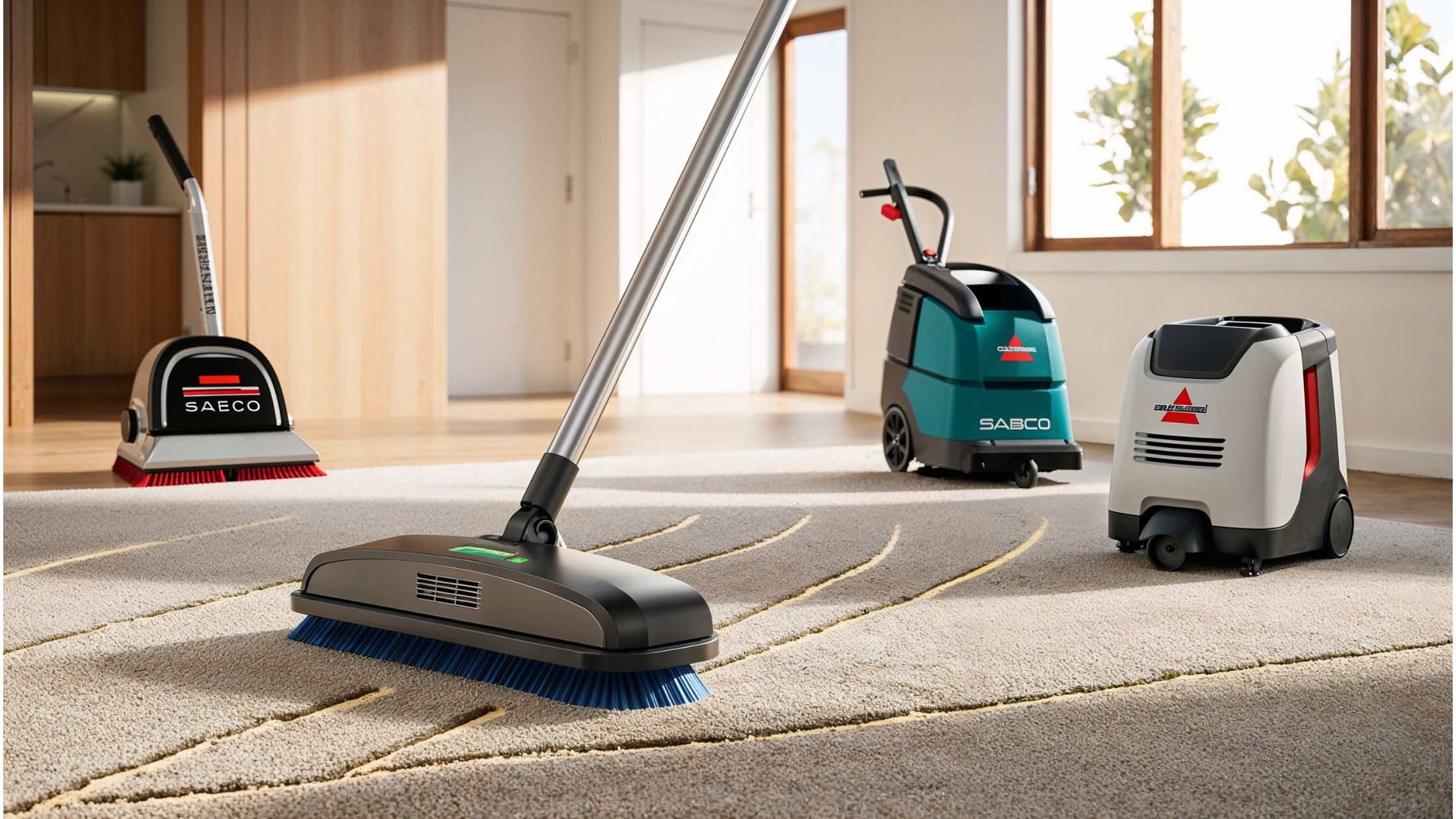 Cleaning carpet with a modern carpet sweeper in a bright, Australian home setting, featuring both manual and electric models