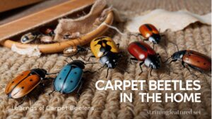 Close-up of various carpet beetles on a textured carpet, showing signs of damage and shedding skins.