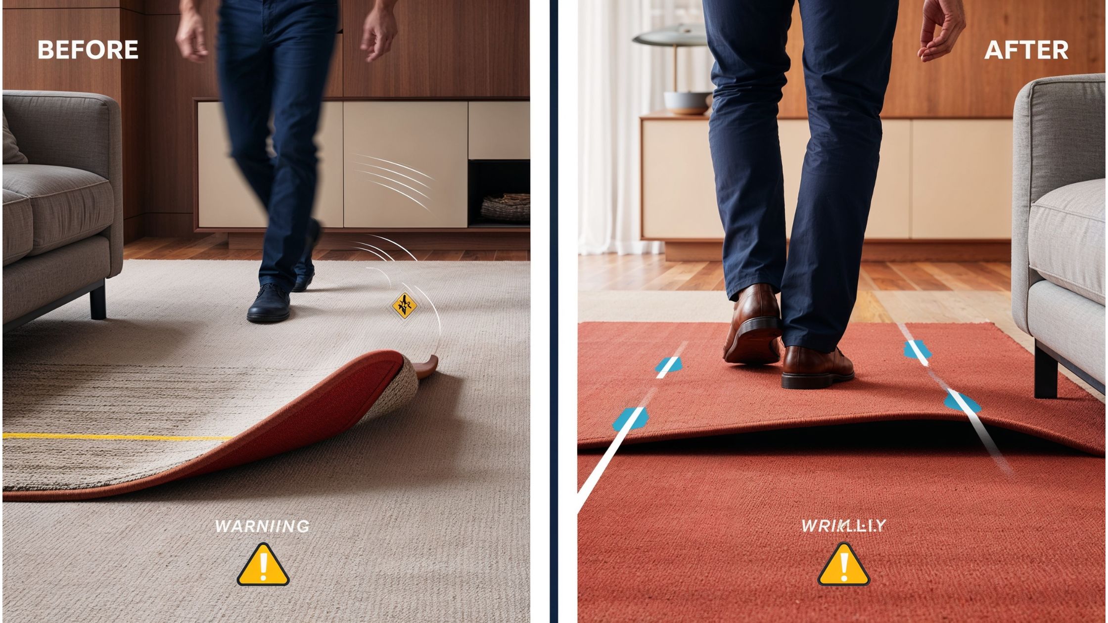 Split-screen comparison of a wrinkled, slipping rug on carpet versus a stable, non-slip rug in a modern Australian living room. One side shows a rug moving and creating a slipping hazard, while the other side has a perfectly secured rug with grip indicators