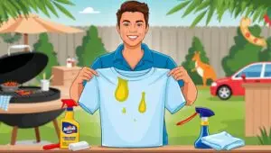 Aussie removing oil stain from clothing with cleaning supplies in kitchen