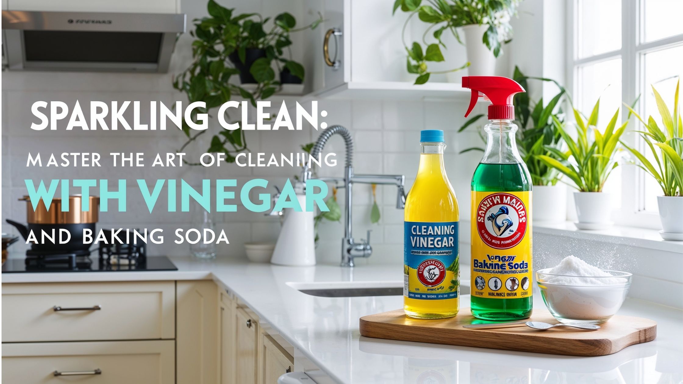 Natural cleaning supplies featuring cleaning vinegar and baking soda in a bright, modern kitchen with sparkling clean countertops and fresh greenery