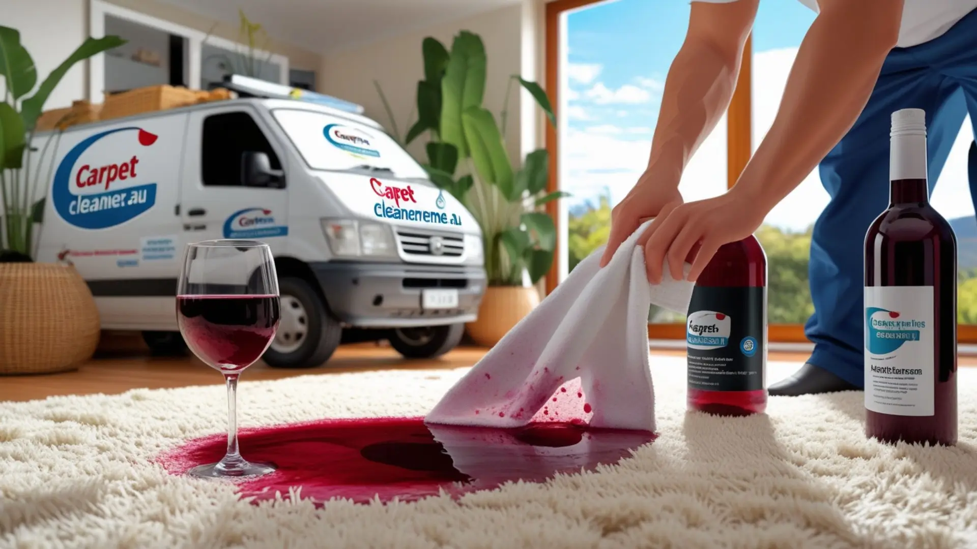 Australian living room with a red wine stain on a cream carpet being blotted by a person, with a CarpetCleanerNearMe.au van outside, showcasing how to get red wine stain out of carpet.