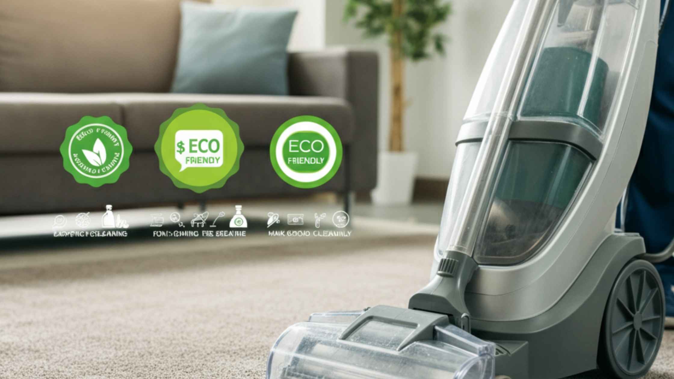 Clean modern living room with spotless carpets, showcasing professional carpet cleaner in action emphasizing carpet cleaning cost.