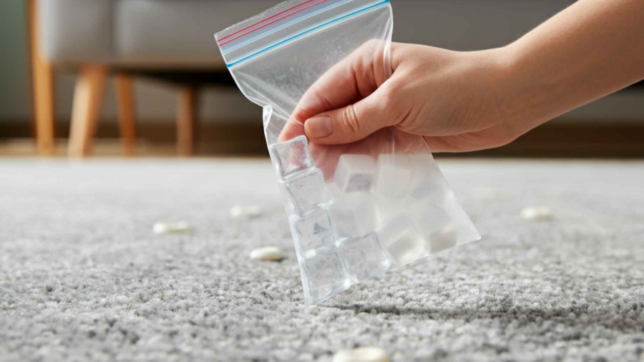 Hand using ice cubes in a plastic bag to remove gum from a rug in a modern living room.