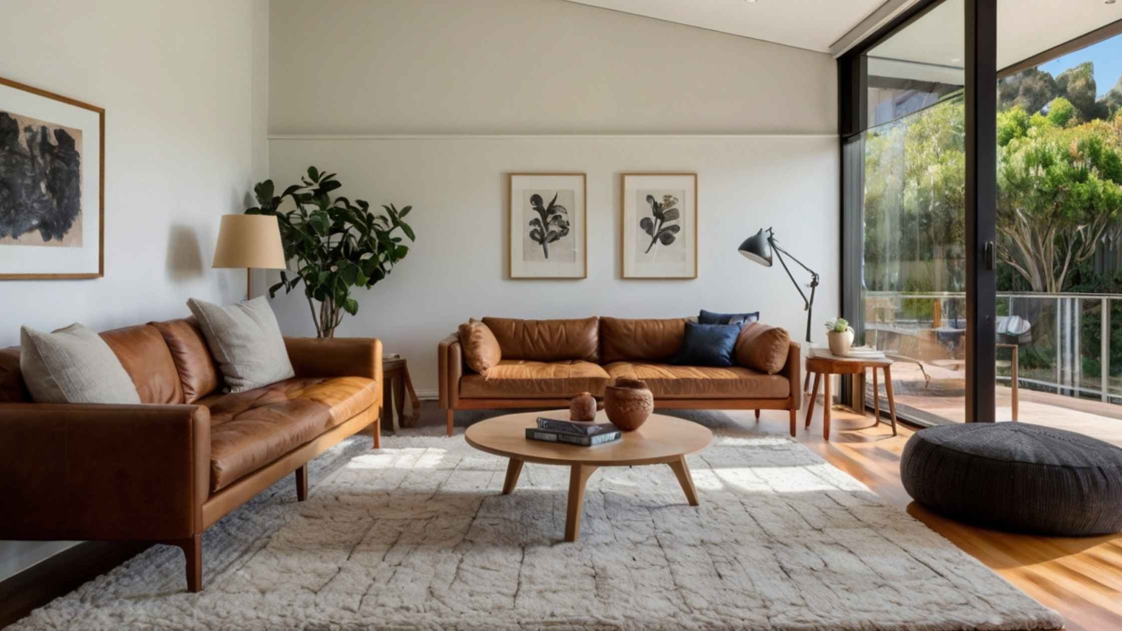 Modern Australian living room with sunlight streaming in, showcasing a spotless rug after removing mold on rug.