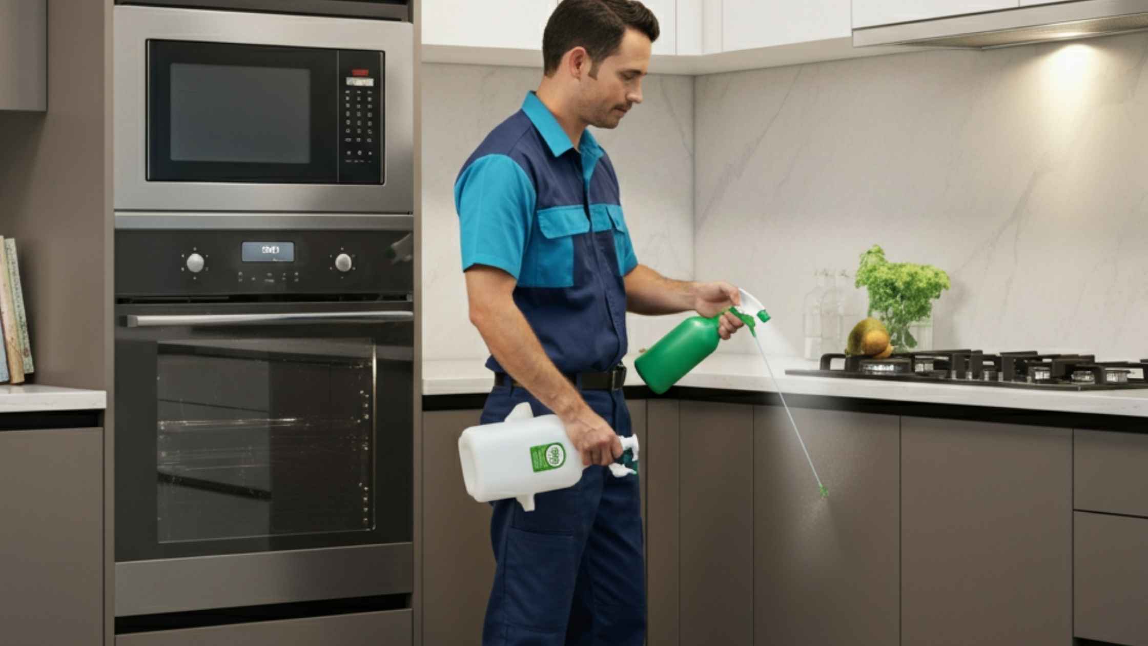 Professional applying organic cockroach repellent in a modern Perth kitchen to ensure a pest-free, eco-friendly environment.