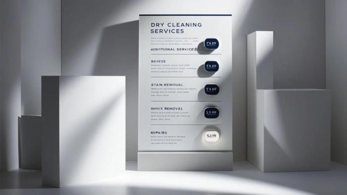 Infographic showing additional dry cleaning services like stain removal, alterations, and express cleaning with their costs