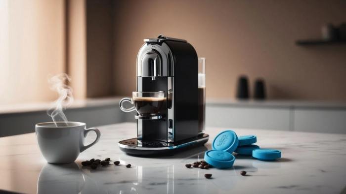 Commercial pressure washer with coffee machine cleaning tablets, showing how to maintain equipment efficiently and safely