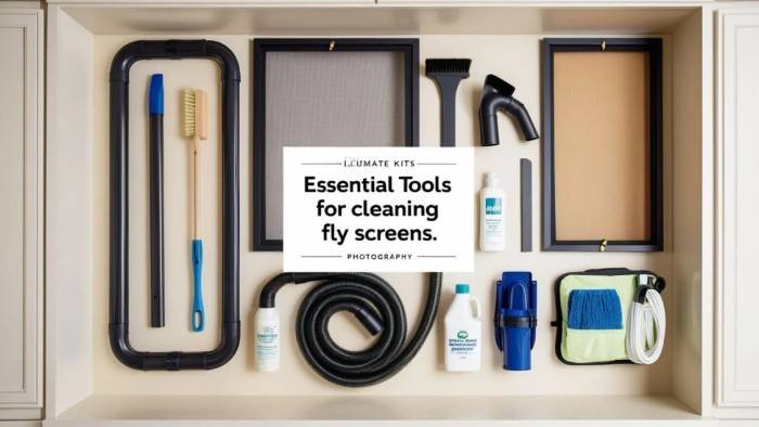 Collection of essential cleaning tools and supplies including brushes, spray bottles, gloves, and microfiber cloths