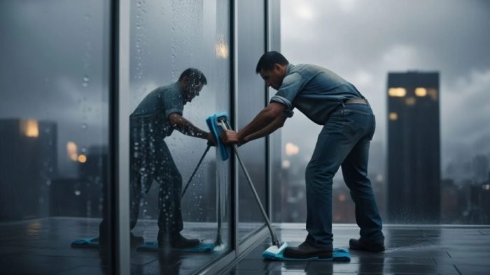 Complete window cleaning kit with squeegee, microfiber cloth, spray bottle, and cleaning solution displayed on a surface