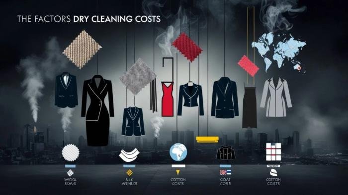 Visual showing factors influencing dry cleaning costs, such as garment type, fabric, stain level, and service location