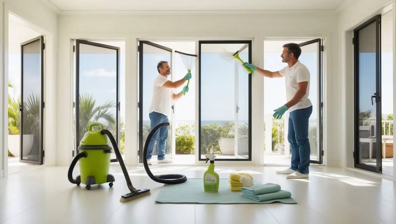 Person cleaning a window fly screen with brush and soapy water in 2024