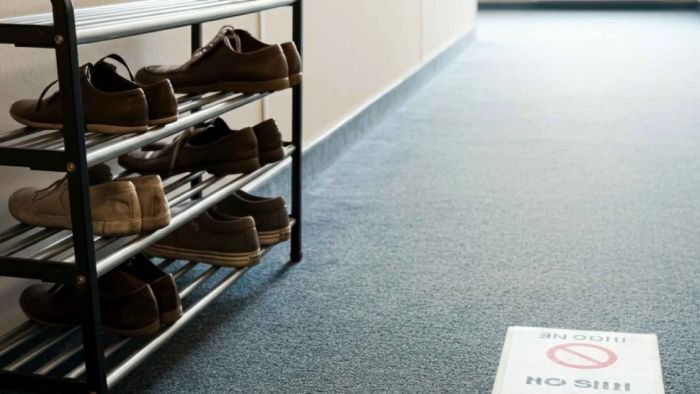 No shoes on carpet rule to reduce dirt and prevent wear and tear