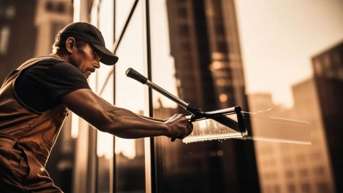 Professional demonstrating window cleaning techniques using a complete cleaning kit for streak-free results