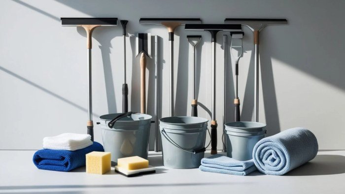 Person setting up a window cleaning squeegee with cleaning solution and microfiber cloth before cleaning glass