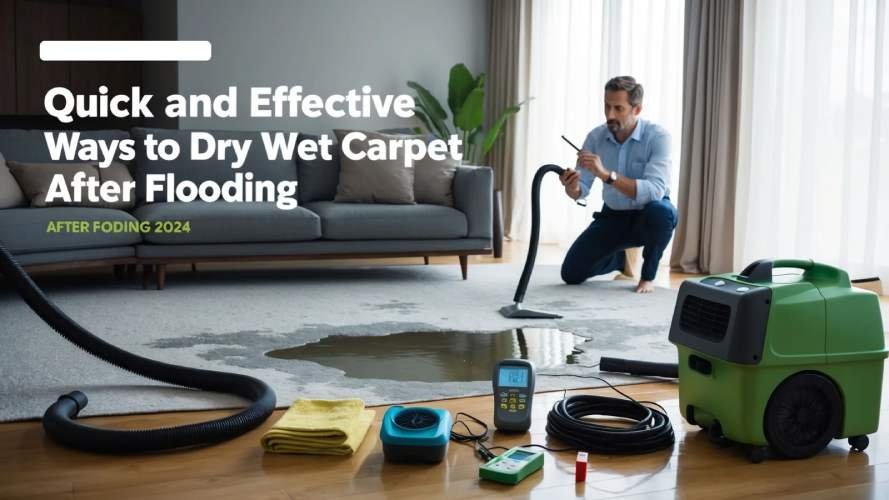 Using fans, dehumidifiers, and other tools to quickly dry a wet carpet after flooding, preventing mold and damage
