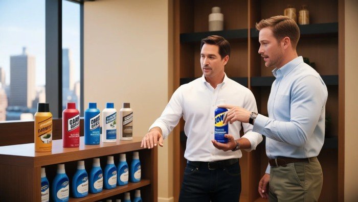 Various types of carpet deodorisers displayed for choosing the most suitable one for home use