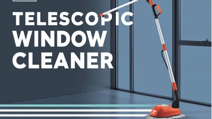 A telescopic window cleaner tool being used to reach and clean high windows efficiently