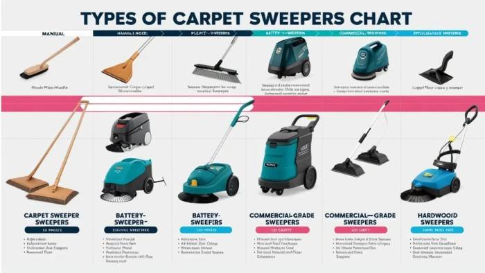Different types of carpet sweepers displayed, including manual, electric, and battery-operated models for home and commercial use