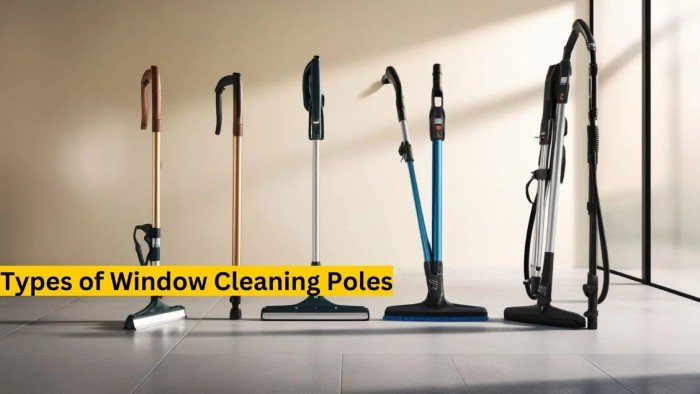 Types of window cleaning poles including telescopic, water-fed, and extendable poles for easy window cleaning