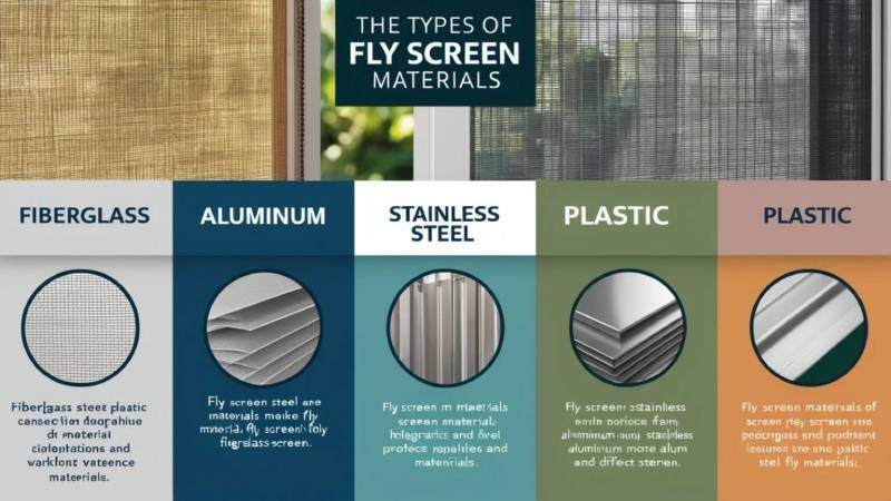 Close-up view of various fly screen materials including fiberglass, aluminum, and stainless steel mesh