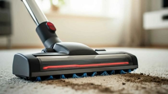 Person vacuuming carpet to prevent dirt build-up and maintain cleanliness