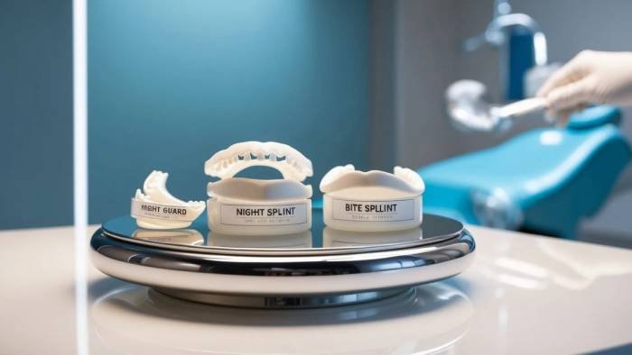A clear dental mouth splint displayed on a white background, showing its shape and design for protecting teeth and jaw