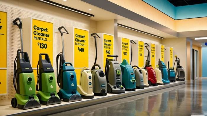 A variety of carpet and steam cleaning machines displayed at a rental store, showing options for hiring cleaning equipment locally