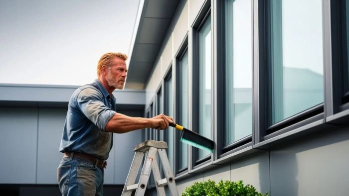 Window cleaning squeegee being used on residential, commercial, and high-rise building windows in various environments