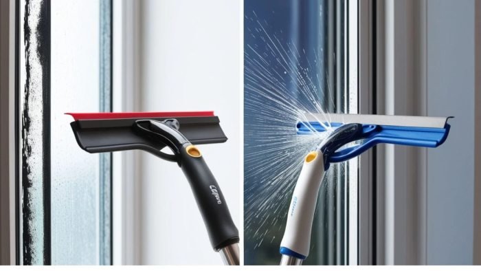 Close-up of a window cleaning squeegee removing water and streaks from a glass surface